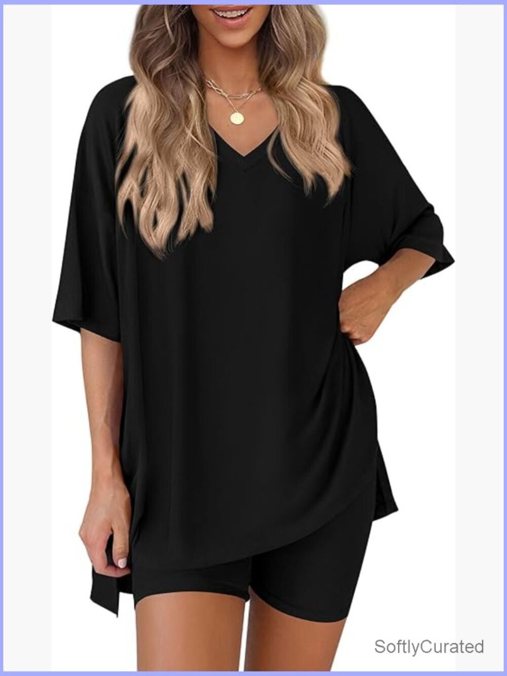 2 Piece Lounge Set - V Neck Oversized Shirt & Biker Shorts